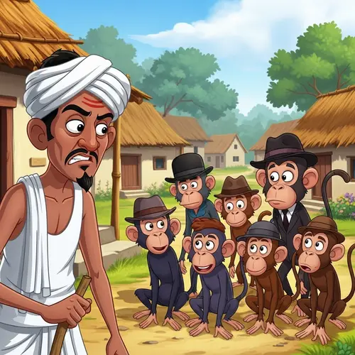 Charming Rural Village Scene with South Asian Villager and Whimsical Monkeys
