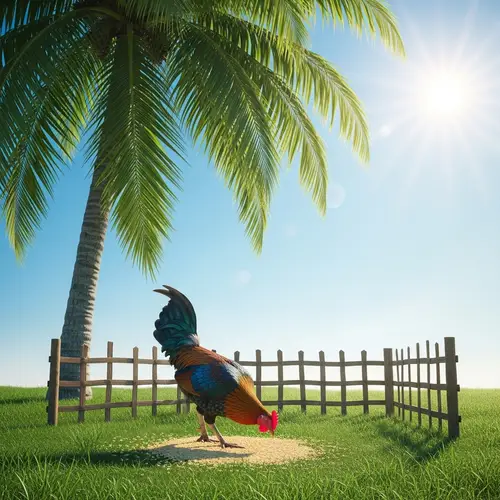 Chicken Eating Rice Under Coconut Tree - Tranquil Countryside Scene