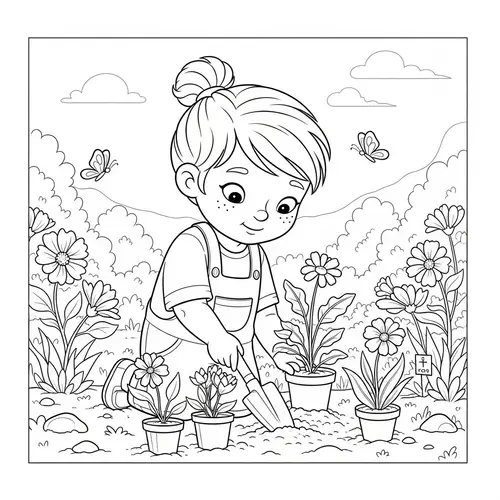 Whimsical Coloring Illustration of Gender-Diverse Child Gardening