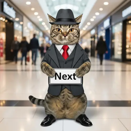 Professional Cat Standing Vigilantly at Shopping Center with 'Next' Sign