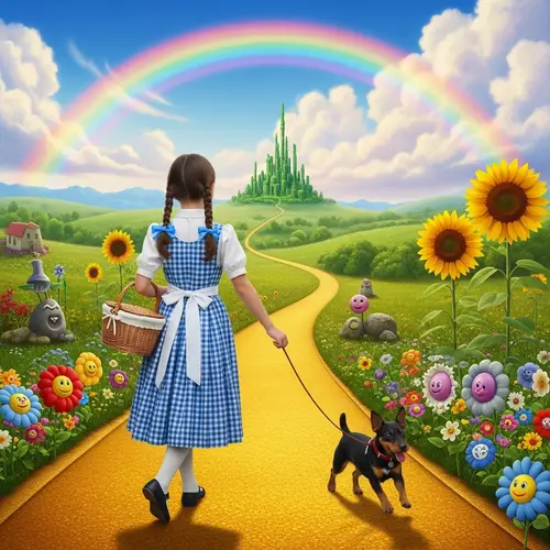 Young Girl in Rural Style Dress with Wicker Basket and Black Terrier