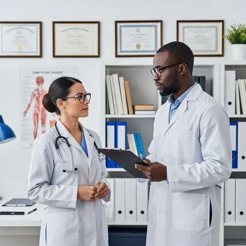 Professional Hispanic Female Doctor and Black Male Doctor in Well-Lit Office