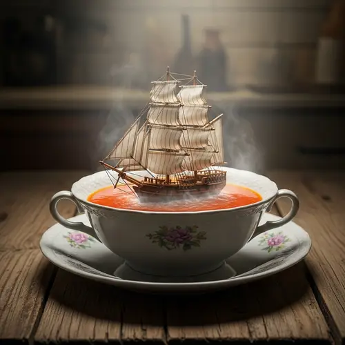 Fantasy Wooden Sailing Ship on Tomato Soup Sea - Dreamy Image
