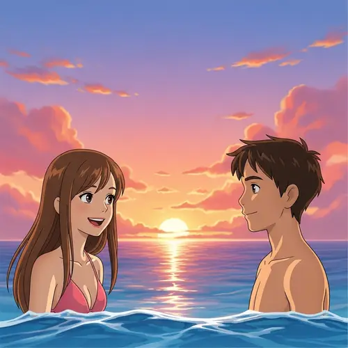 Animated Boy & Girl in Pink Bikini at Marine Sunset Illustration