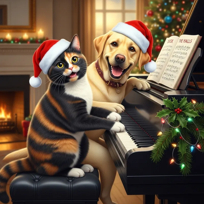 Happy Three-Colored Cat and Labrador in Christmas Hats Playing Piano