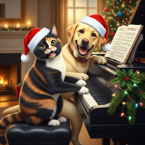Christmas Kitty and Labrador Playing Piano Together