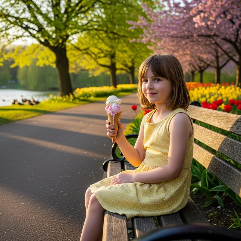 Middle-Aged Girl Enjoying Ice Cream in the Park