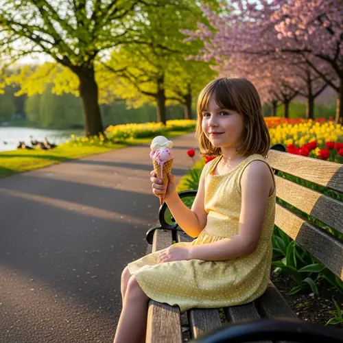 Middle-Aged Girl Enjoying Ice Cream in the Park