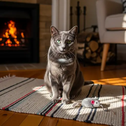Blissful Grey Cat on Vintage Rug | Warm Sunlit Scene