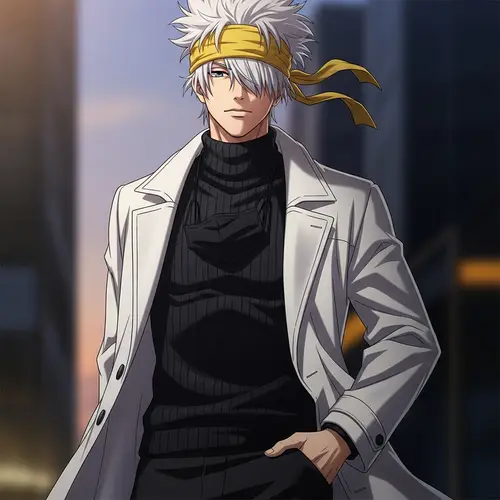 Charismatic Male Character with White Hair and Yellow Headband