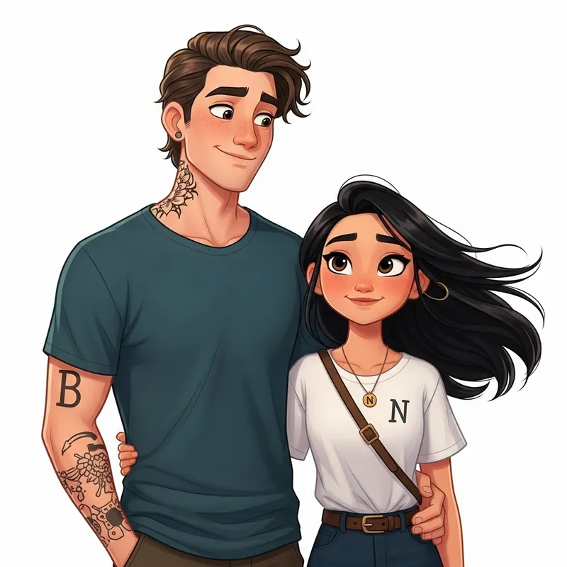 Animated Film-Inspired Couple with Tattoos - Caucasian Man & Hispanic Girl