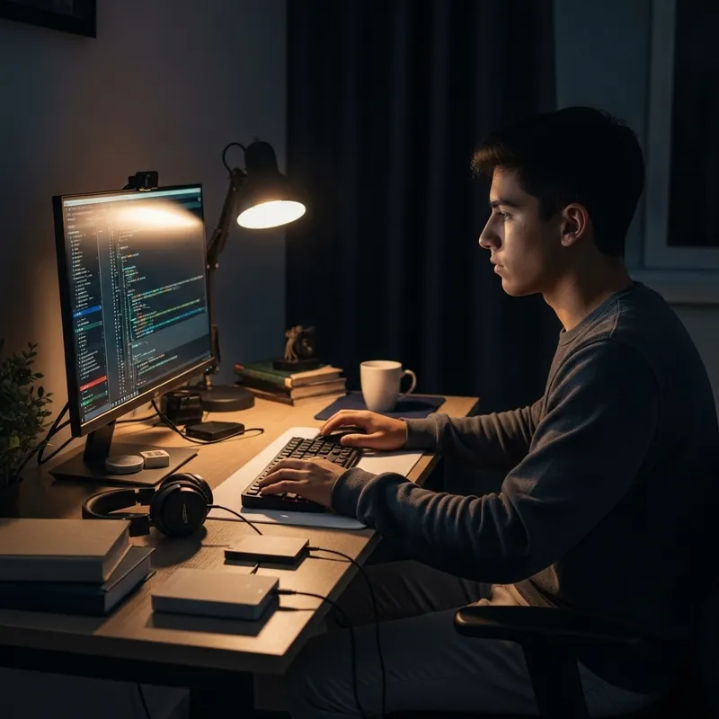 Serene 19-Year-Old Hispanic Male Immersed in Technology