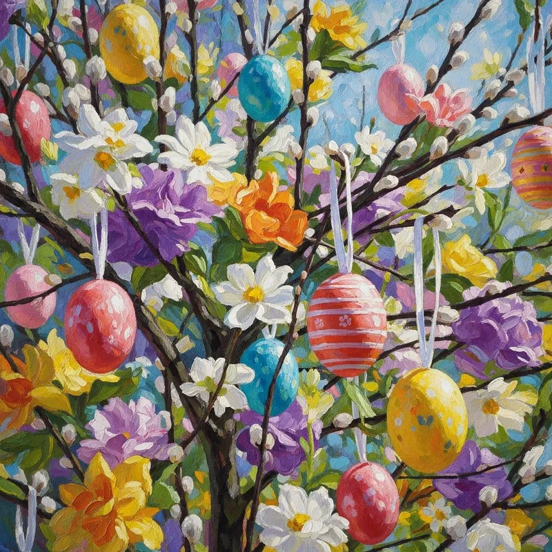 Impressionistic Easter Tree Adorned with Colorful Eggs and Spring Flowers