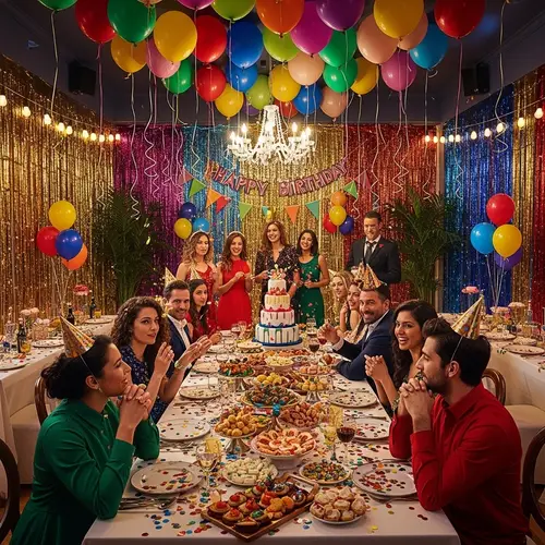 Vibrant Party Scene with Colorful Balloons and Delicious Foods