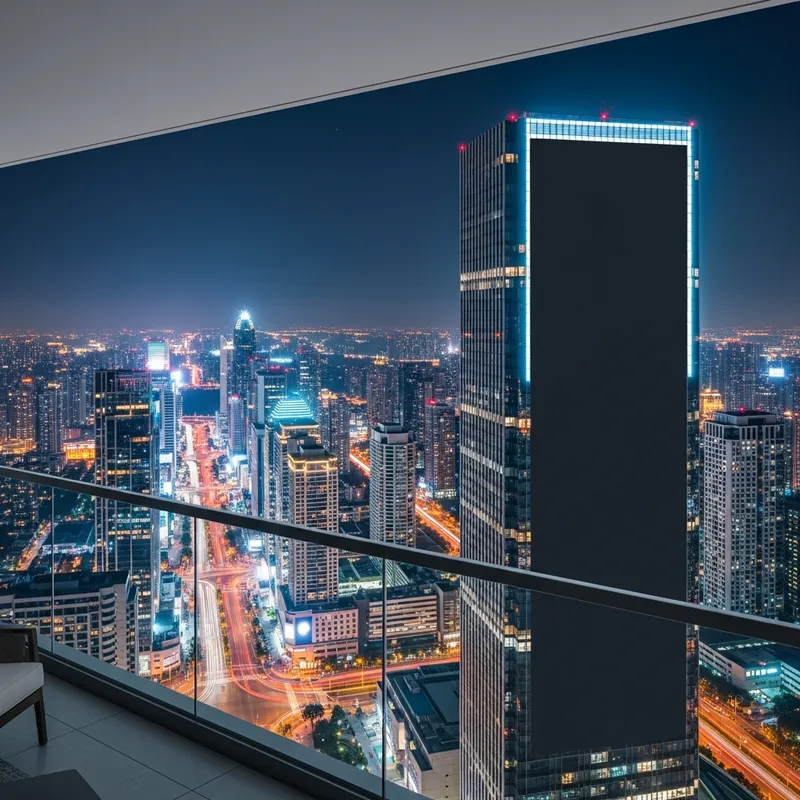 Nocturnal Balcony View of Brightly Lit Modern City with Giant Black Screen