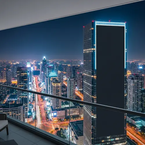 Nocturnal Balcony Scene Overlooking Modern City with Giant Black Screen