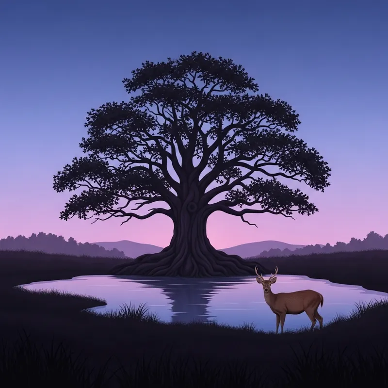 Stoic Ancient Tree Silhouetted in Tranquil Dusk Landscape