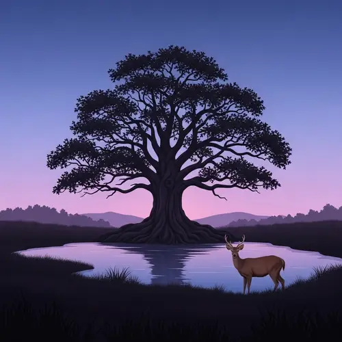 Tranquil Dusk Landscape with Ancient Tree and Serene Deer