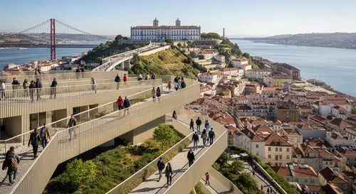 Drone View of Diverse Public Space Overlooking Valley | Lisboa Cityscape