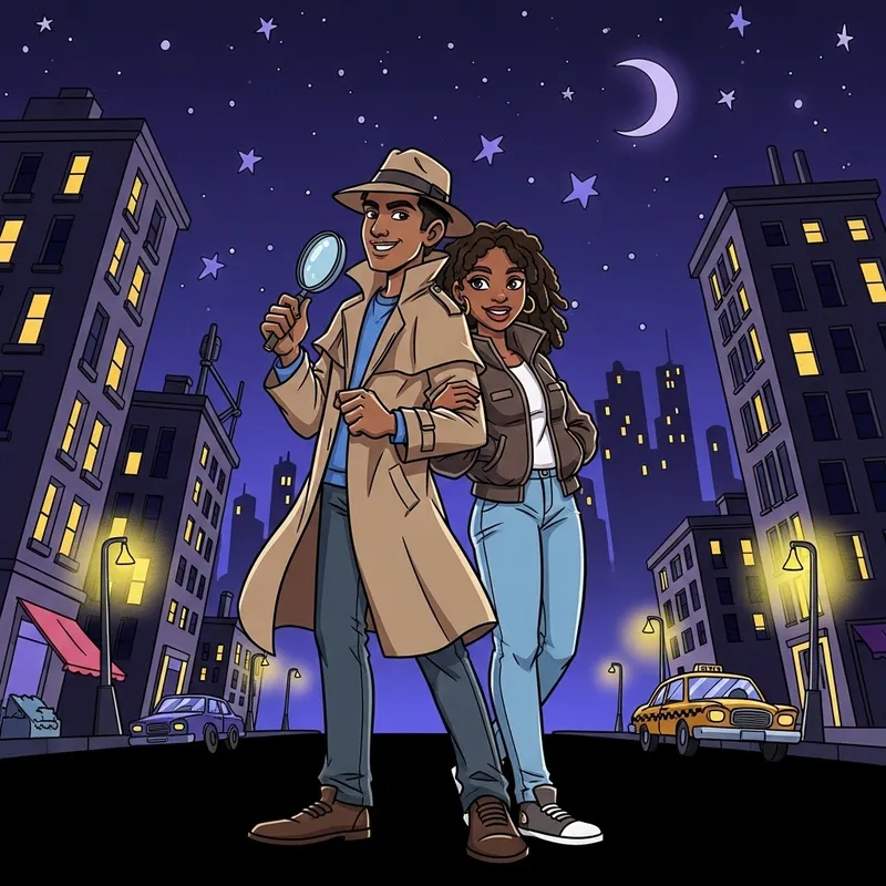 Young Detective and Girlfriend in Night City Cartoon Style