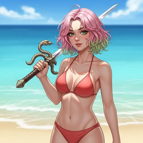 Vibrant Bikini Woman with Unique Sword on Sandy Beach