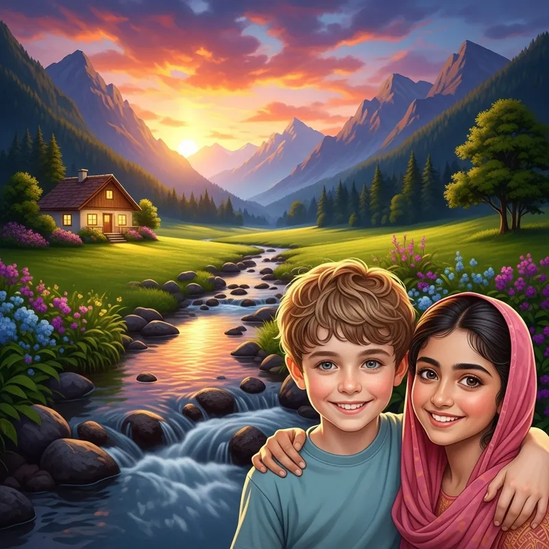 Beautiful Sunset Painting Mountains, Small Cottage, Couple by Stream