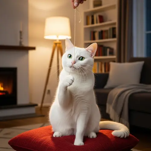 Playful White Cat on Red Cushion | Bright-Eyed Feline in Cozy Setting