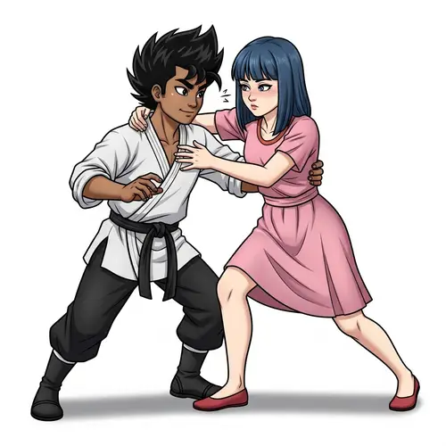 South Asian Male vs Caucasian Female: Playful Martial Arts Wrestling