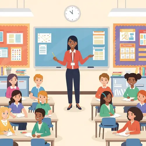 Diverse English Teacher Engaging Students in a Vibrant Classroom Setting