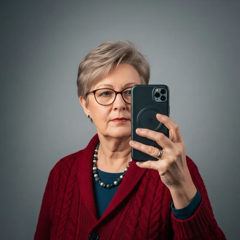 55-Year-Old Woman Self Portrait: Short, Light Hair, Blue Eyes, Fair Skin