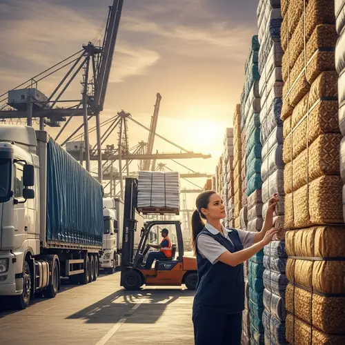 Dynamic Trade Scene with Female Truck Driver and Forklift Operator