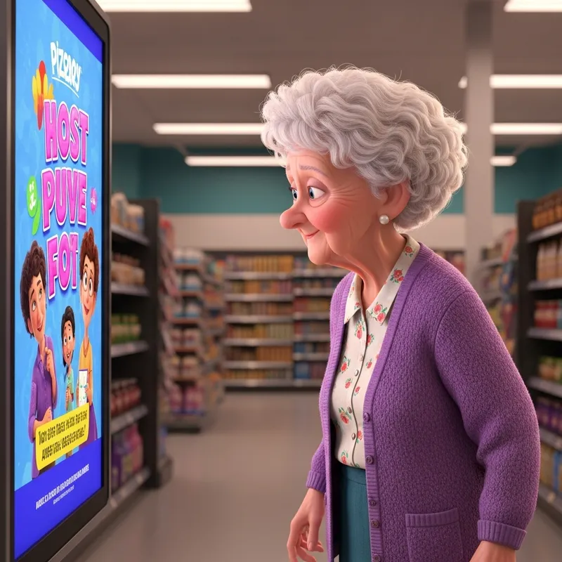 Pixar-Style Elderly Woman in Store Digital Signage