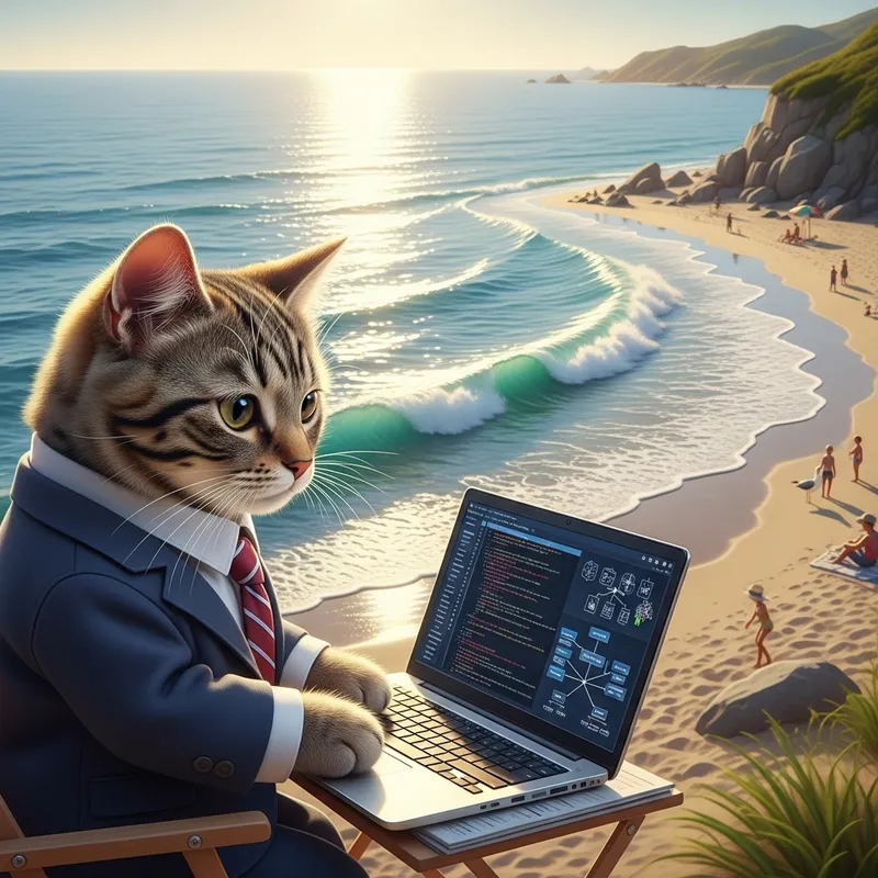 Business Cat #1 IT Employee | Beach Laptop Work