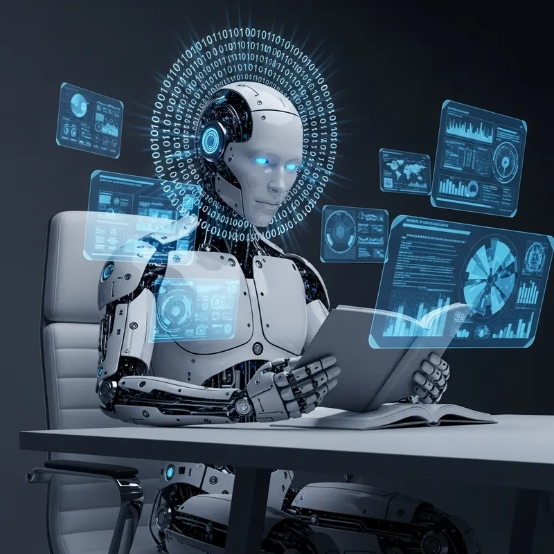 Artificial Intelligence Engrossed in Book - Serene Futuristic Scene