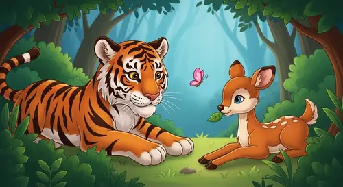 Juvenile Tiger Hunting Scene: Hidden Predator & Playful Prey