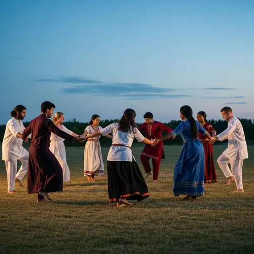 Diverse Group Engaging in Ancient Ritual Dance