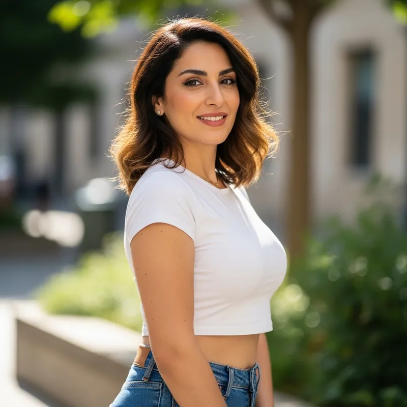 Stylish Woman in White Crop Top and Jeans Smiling | Fashion Photo
