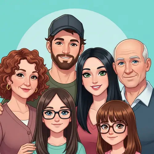 Wholesome Family of Five in Vibrant Animation Style