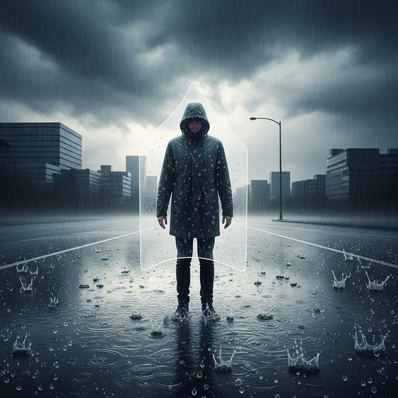 Mysterious Figure Stands Alone in Empty Rainy Cityscape Mysterious Figure Stands Alone in Empty Rainy Cityscape