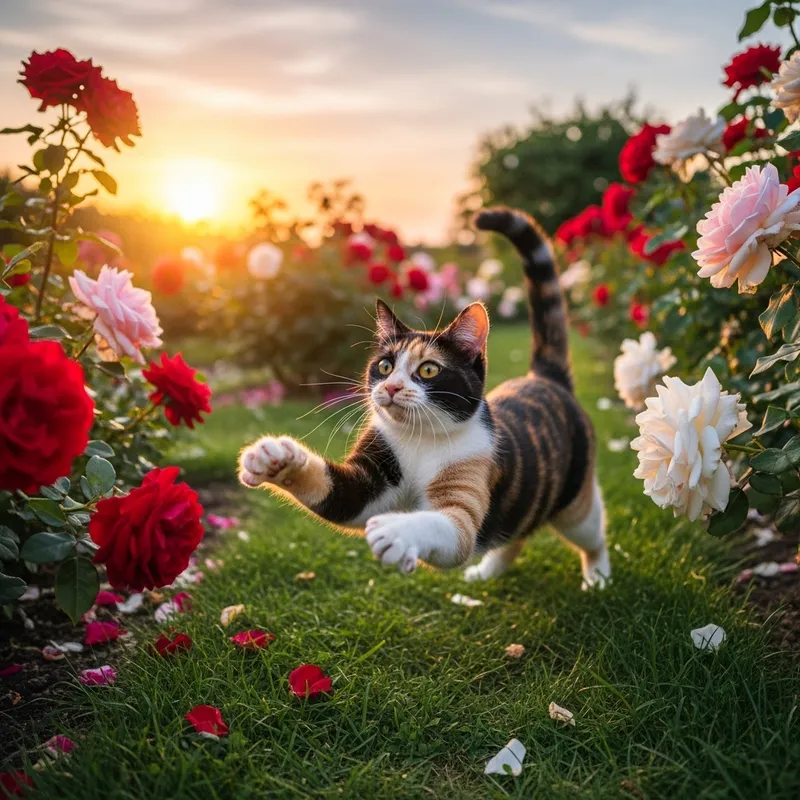 Create a Playful Cat in the Rose Garden at Sunset