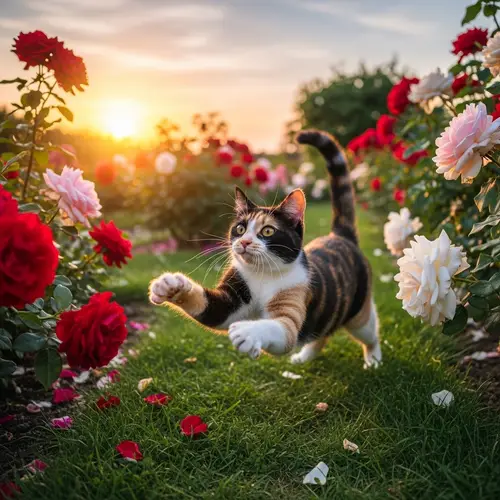 Playful Calico Cat Frolicking in Rose Garden at Sunset
