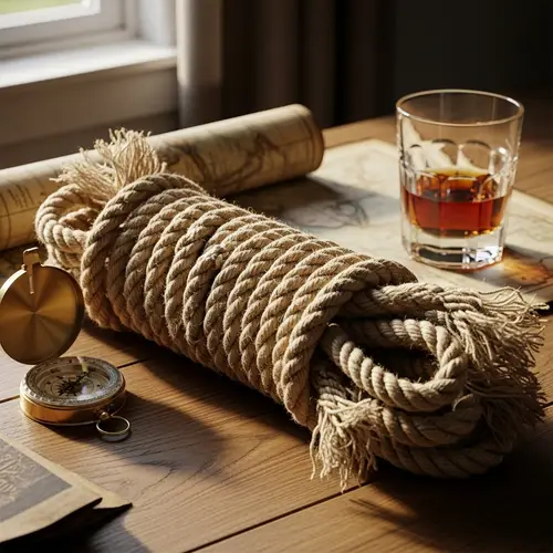 Neatly Coiled Natural Fibers Rope on Rustic Table
