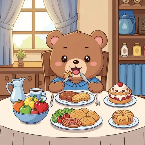 Adorable Cartoon Bear Enjoying Hearty Meal | Whimsical Dining Scene