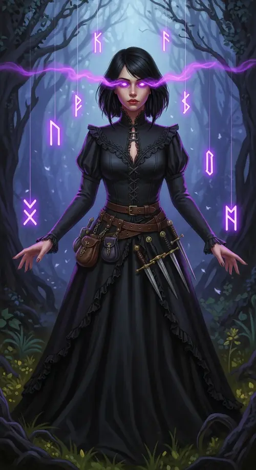 Dark Fantasy Sorceress in Gothic Dress - Magical Forest Art