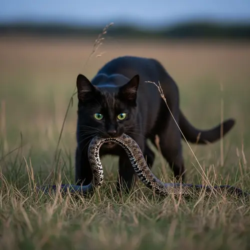 Twilight Encounter: Ebony Cat and Green-Eyed Serpent in Nature's Dance