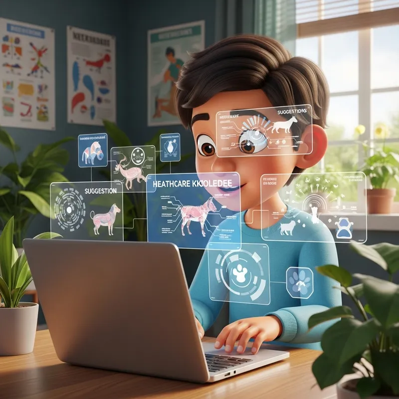 Hispanic Child Explores Veterinary World on Laptop in 3D