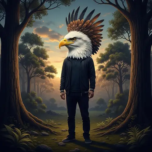 Surreal Eagle-Human Hybrid in Forest Landscape