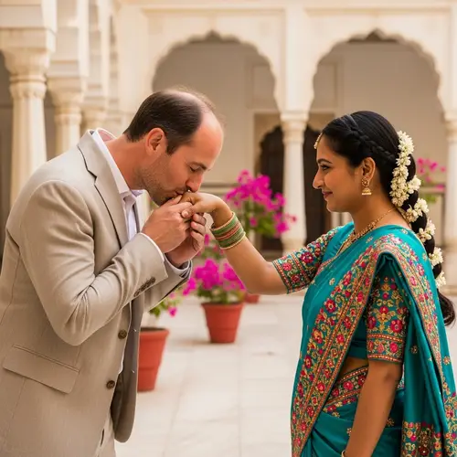 Cultural Respect: Caucasian Man Bowing to Kiss South Asian Woman