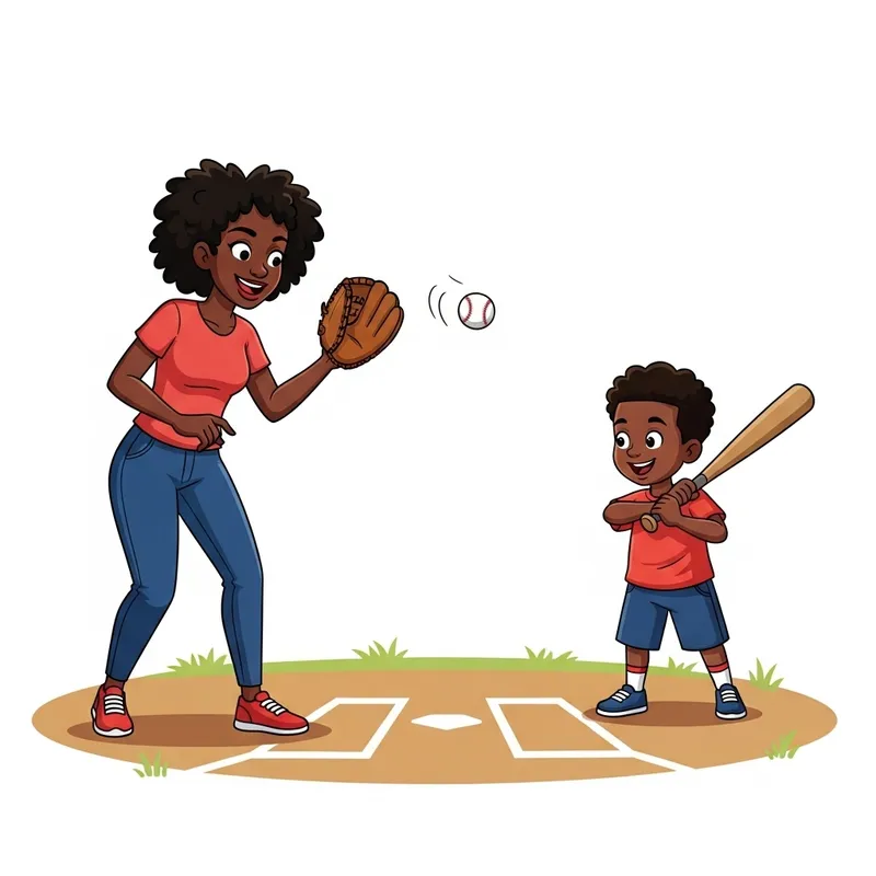 Playful Baseball Learning Moment: Young Black Mother Teaching Son to Hit a Baseball