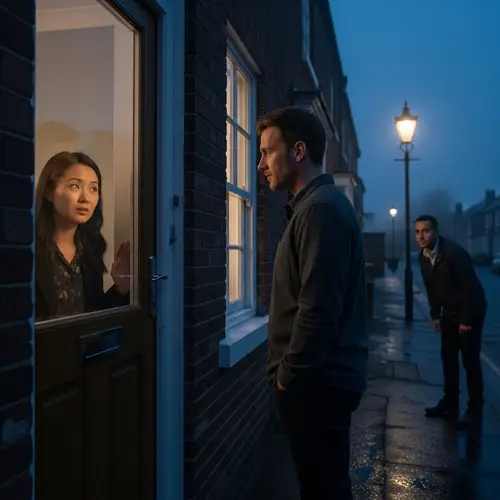 Suspenseful Encounter: Woman Inside House, Men Outside